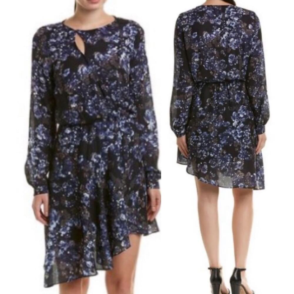 Parker Floral Dress Fit & Flare Faux Wrap Mini Dark Bluebonnet NEW Womens Small